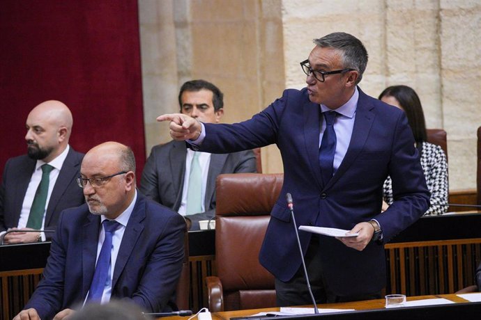 Archivo - El portavoz del grupo parlamentario Vox, Manuel Gavira, en una foto de archivo en el Pleno del Parlamento andaluz junto a otros diputados de su grupo.