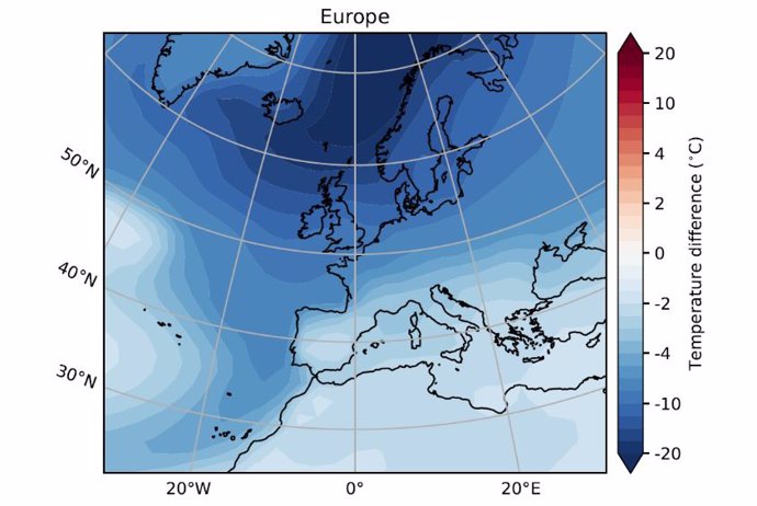 En algunas partes de Europa, el colapso de la circulación meridional del Atlántico podría provocar una disminución de más de 3°C cada diez años.