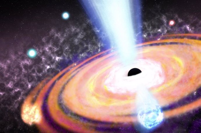 Una ilustración de un campo magnético generado por un agujero negro supermasivo en el universo temprano, que muestra flujos de plasma turbulentos que convierten las nubes de gas en estrellas.