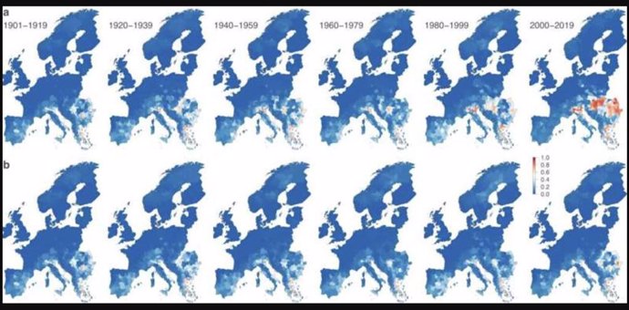 Cambios estimados en el riesgo de circulación local del virus del Nilo Occidental desde principios del siglo pasado en todo el continente europeo.