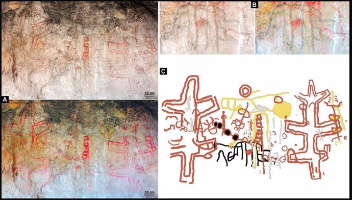 Panel de arte rupestre sometido al estudio y claco de figuras representadas